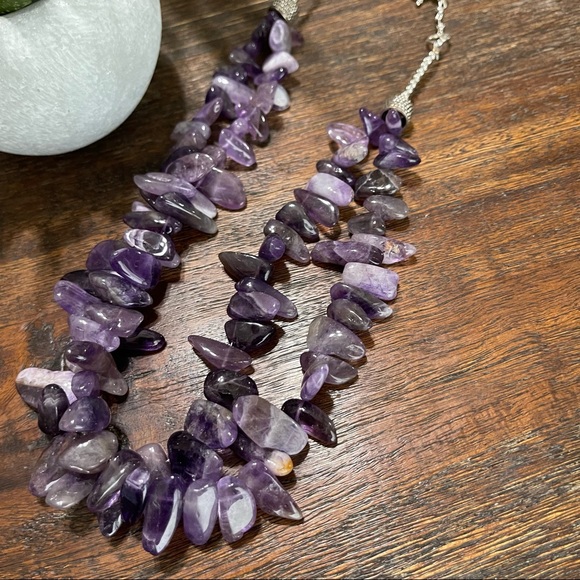 Amethyst statement silver necklace raw gemstone free form shard double strand - Picture 2 of 6